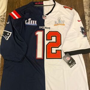 Tom Brady 12 Patriots/Buccaneers Split Jersey Super Bowl L